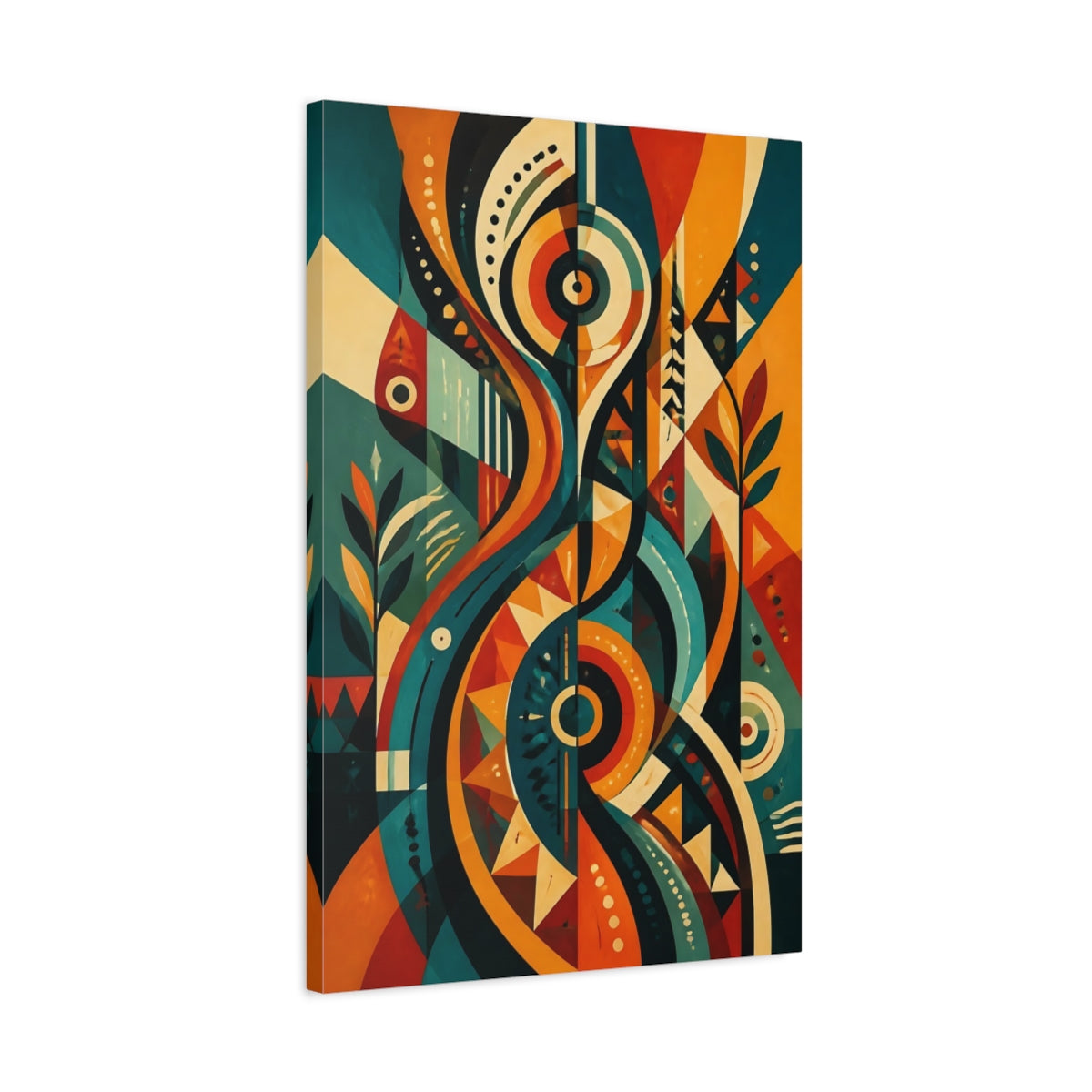 Side Mockup 2. Abstract Abstract Patterns Teal Orange Abstract shown as stretched canvas wall art