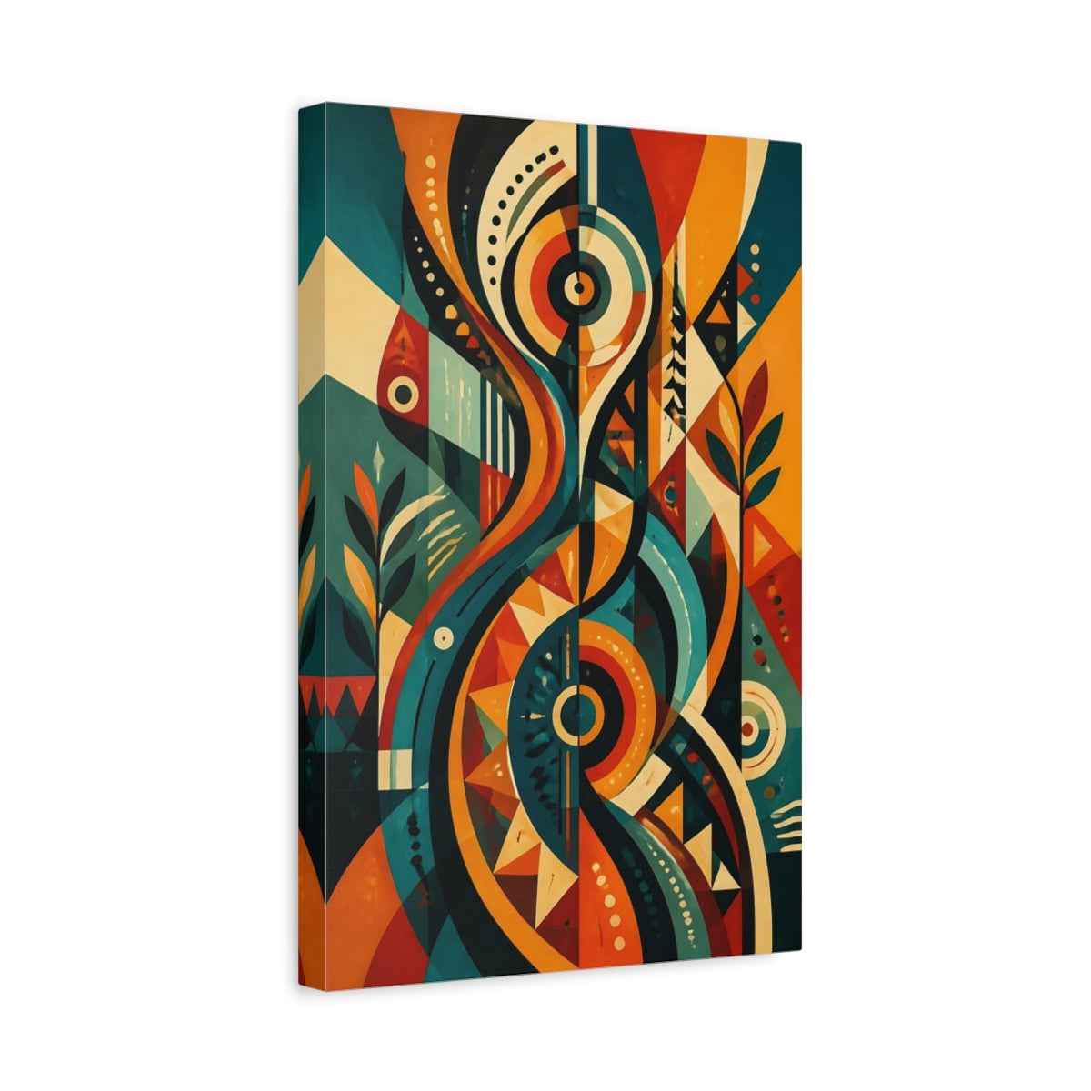 Side Mockup 4. Abstract Abstract Patterns Teal Orange Abstract shown as stretched canvas wall art