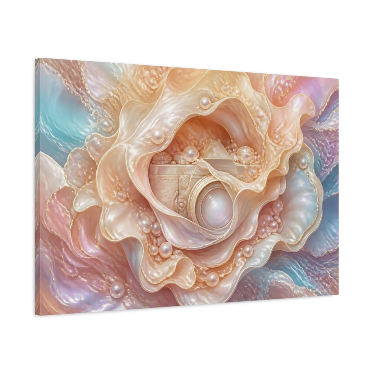 Main Mockup. Abstract Pearl Camera Opalescent Pastels shown as stretched canvas wall art