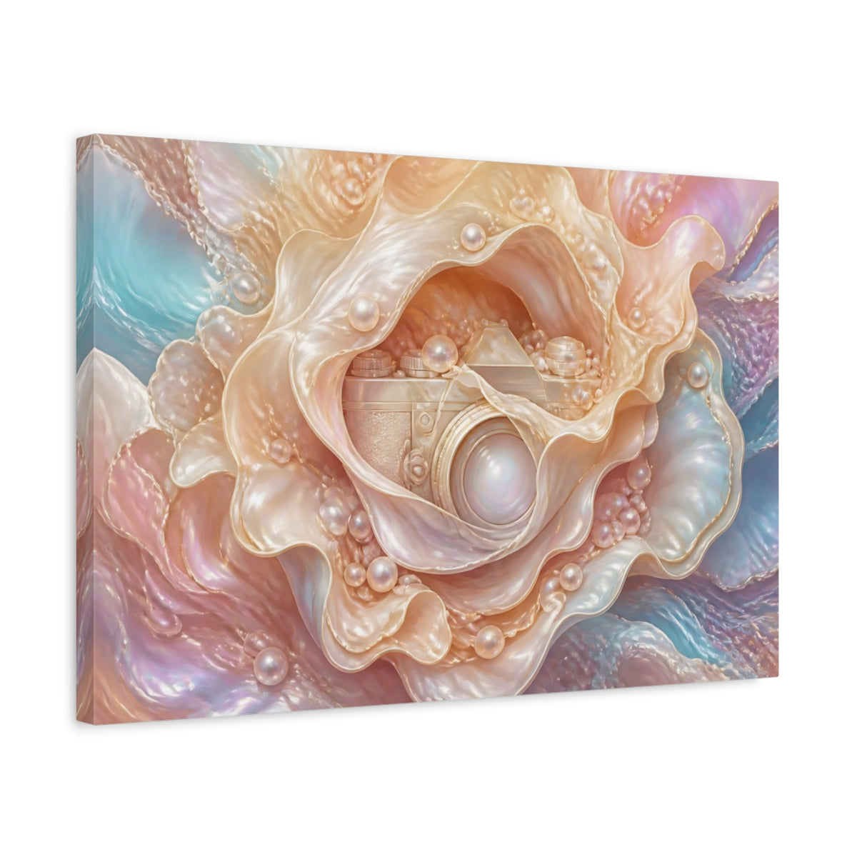 Side Mockup 3. Abstract Pearl Camera Opalescent Pastels shown as stretched canvas wall art