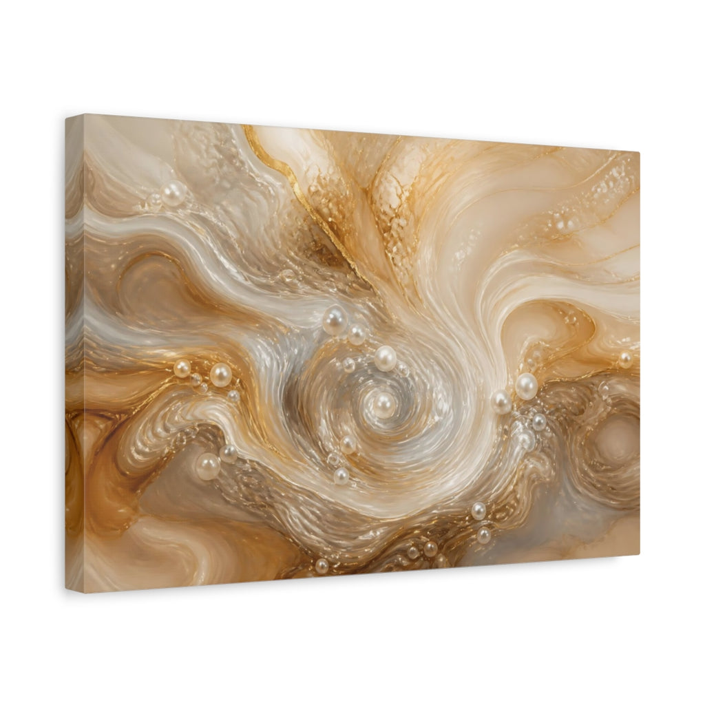 Side Mockup 4. Abstract Pearl Swirls Gold White Abstract shown as stretched canvas wall art