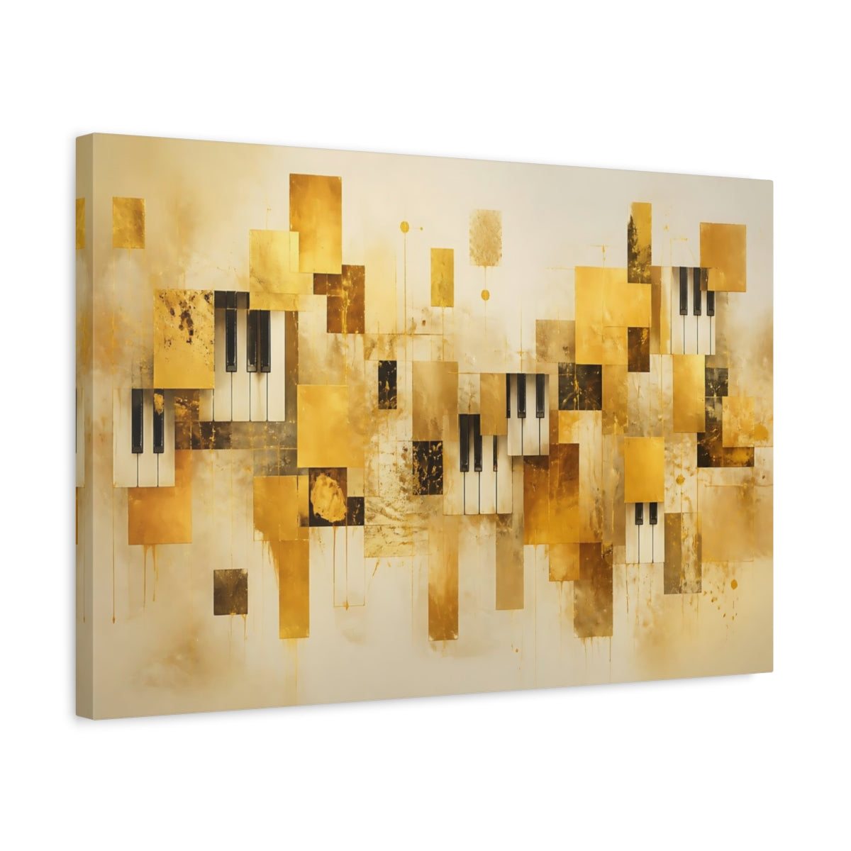 Side Mockup 3. Abstract Piano Keys Gold And Black shown as stretched canvas wall art