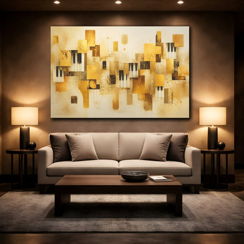Mockup 2. Abstract Piano Keys Gold And Black shown as stretched canvas wall art