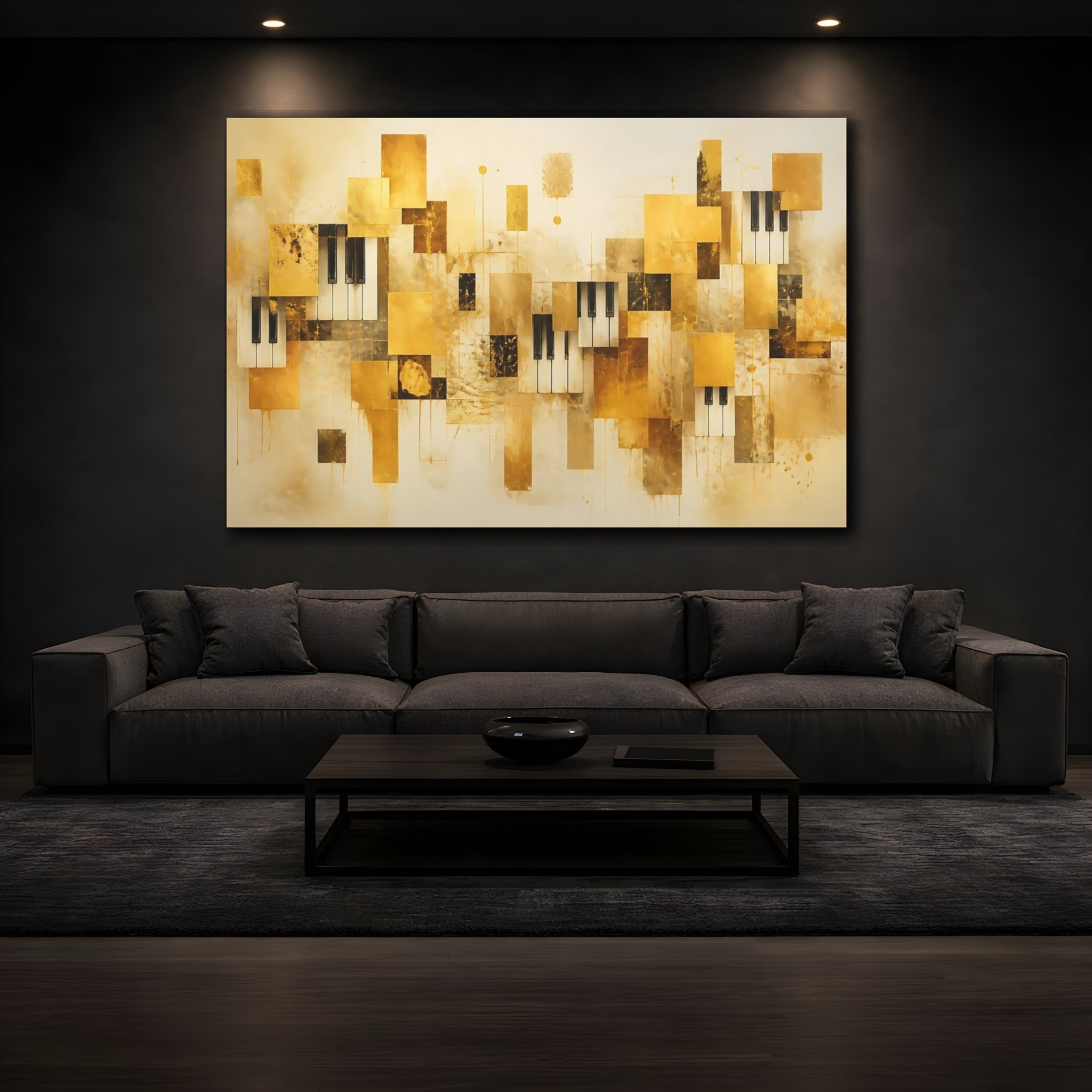 Mockup 3. Abstract Piano Keys Gold And Black shown as stretched canvas wall art