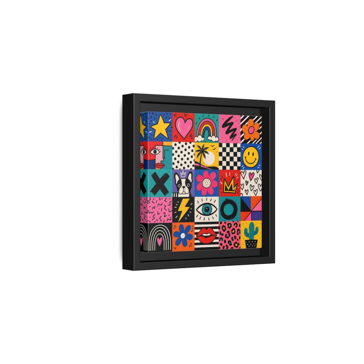 Side Mockup 3. Abstract Pop Art Symbols Multi-Color Pop Art shown as stretched canvas wall art