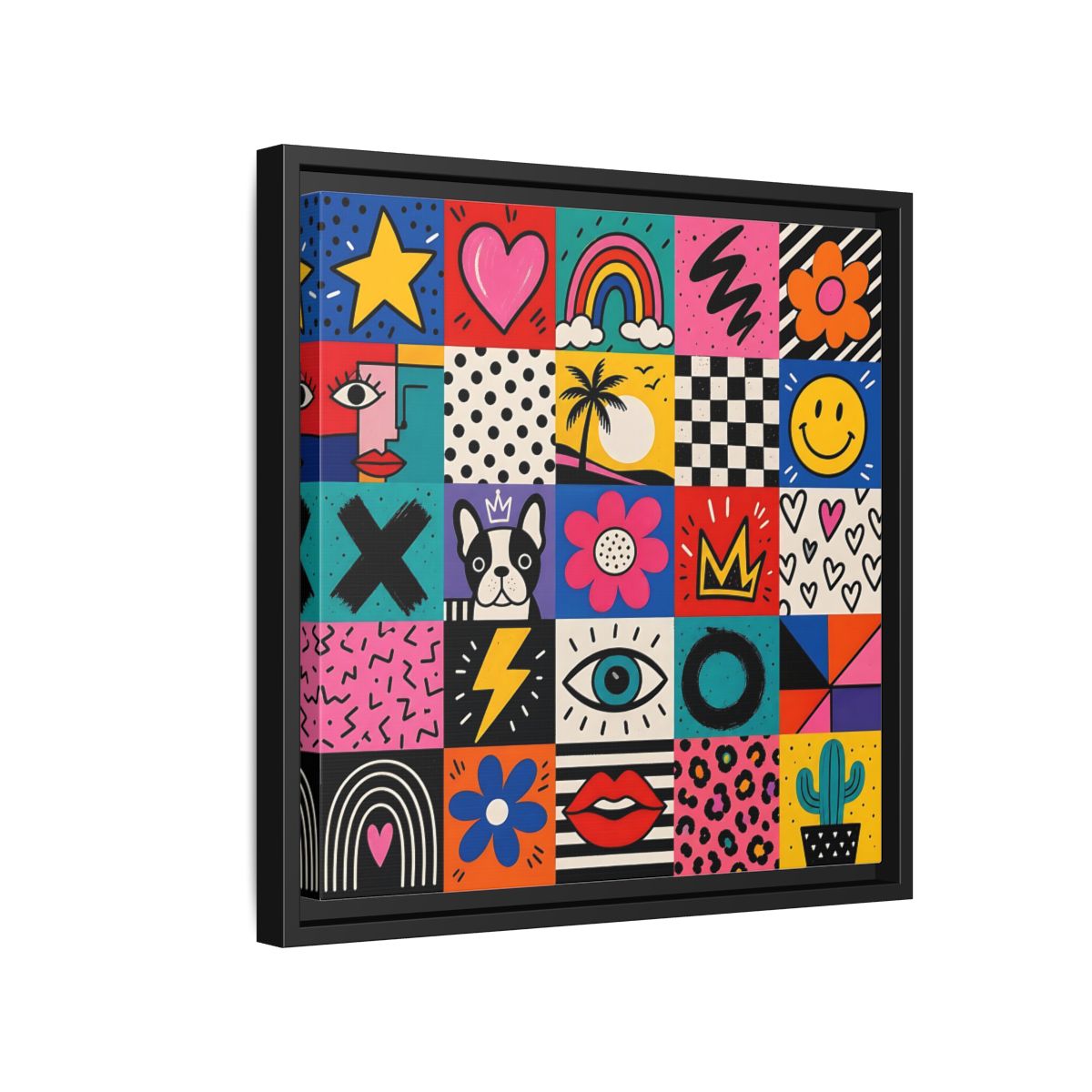 Side Mockup 15. Abstract Pop Art Symbols Multi-Color Pop Art shown as stretched canvas wall art
