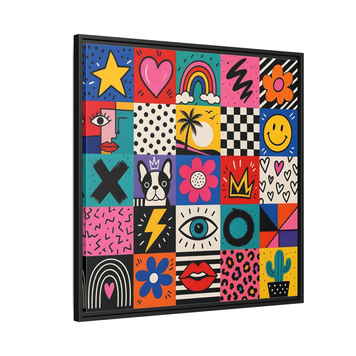 Side Mockup 9. Abstract Pop Art Symbols Multi-Color Pop Art shown as stretched canvas wall art