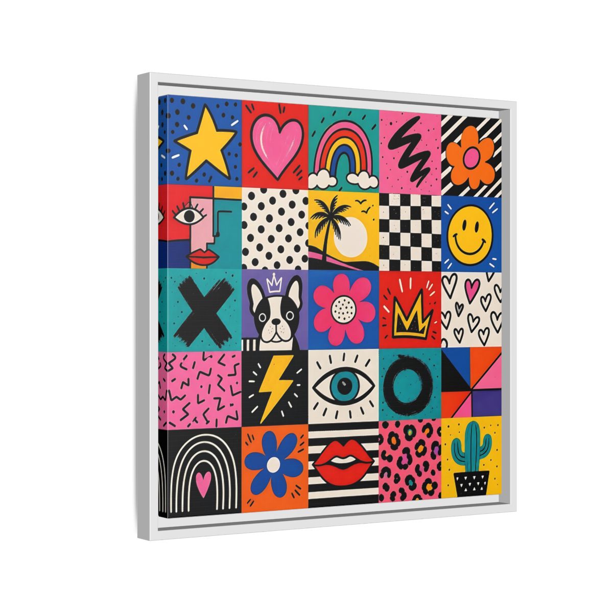 Side Mockup 10. Abstract Pop Art Symbols Multi-Color Pop Art shown as stretched canvas wall art
