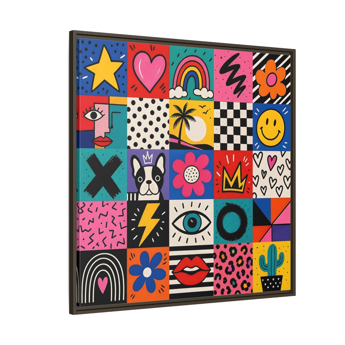 Side Mockup 5. Abstract Pop Art Symbols Multi-Color Pop Art shown as stretched canvas wall art