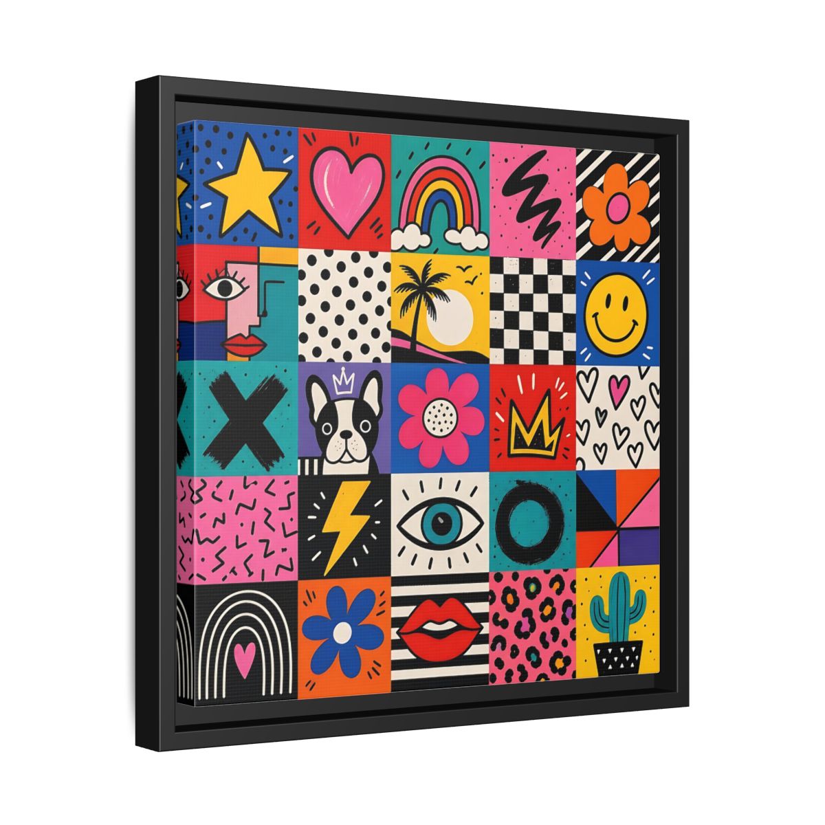 Side Mockup 32. Abstract Pop Art Symbols Multi-Color Pop Art shown as stretched canvas wall art