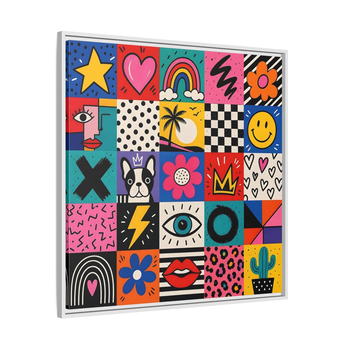 Side Mockup 25. Abstract Pop Art Symbols Multi-Color Pop Art shown as stretched canvas wall art
