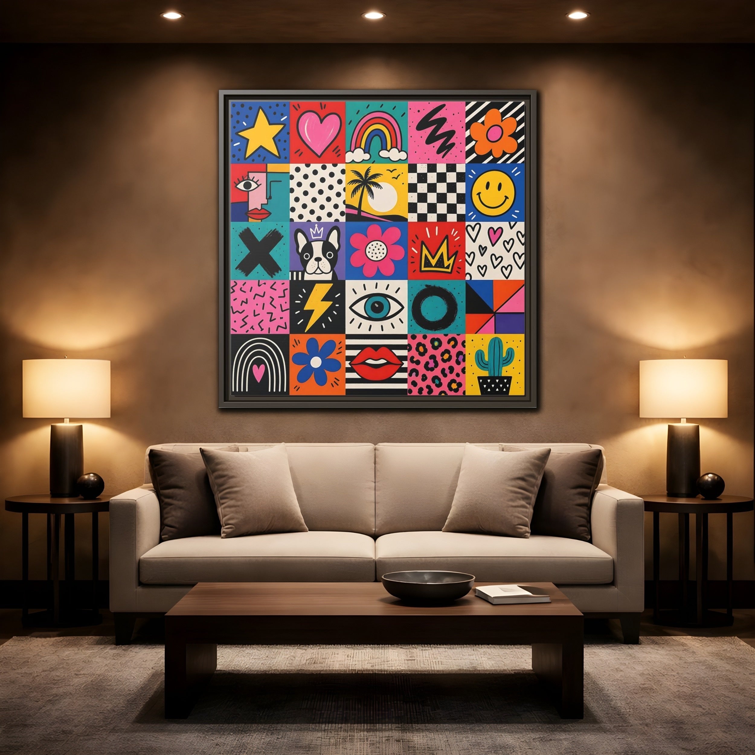 Mockup 2. Abstract Pop Art Symbols Multi-Color Pop Art shown as stretched canvas wall art