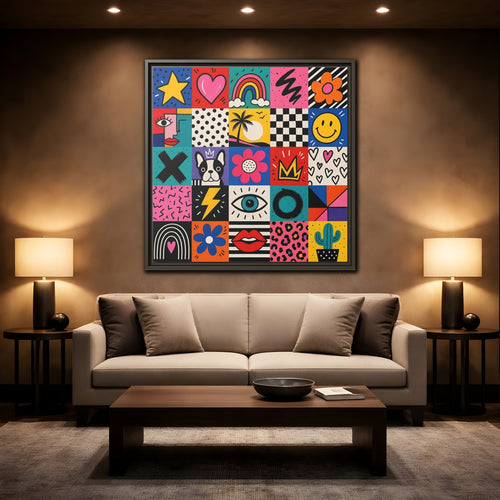 Mockup 2. Abstract Pop Art Symbols Multi-Color Pop Art shown as stretched canvas wall art