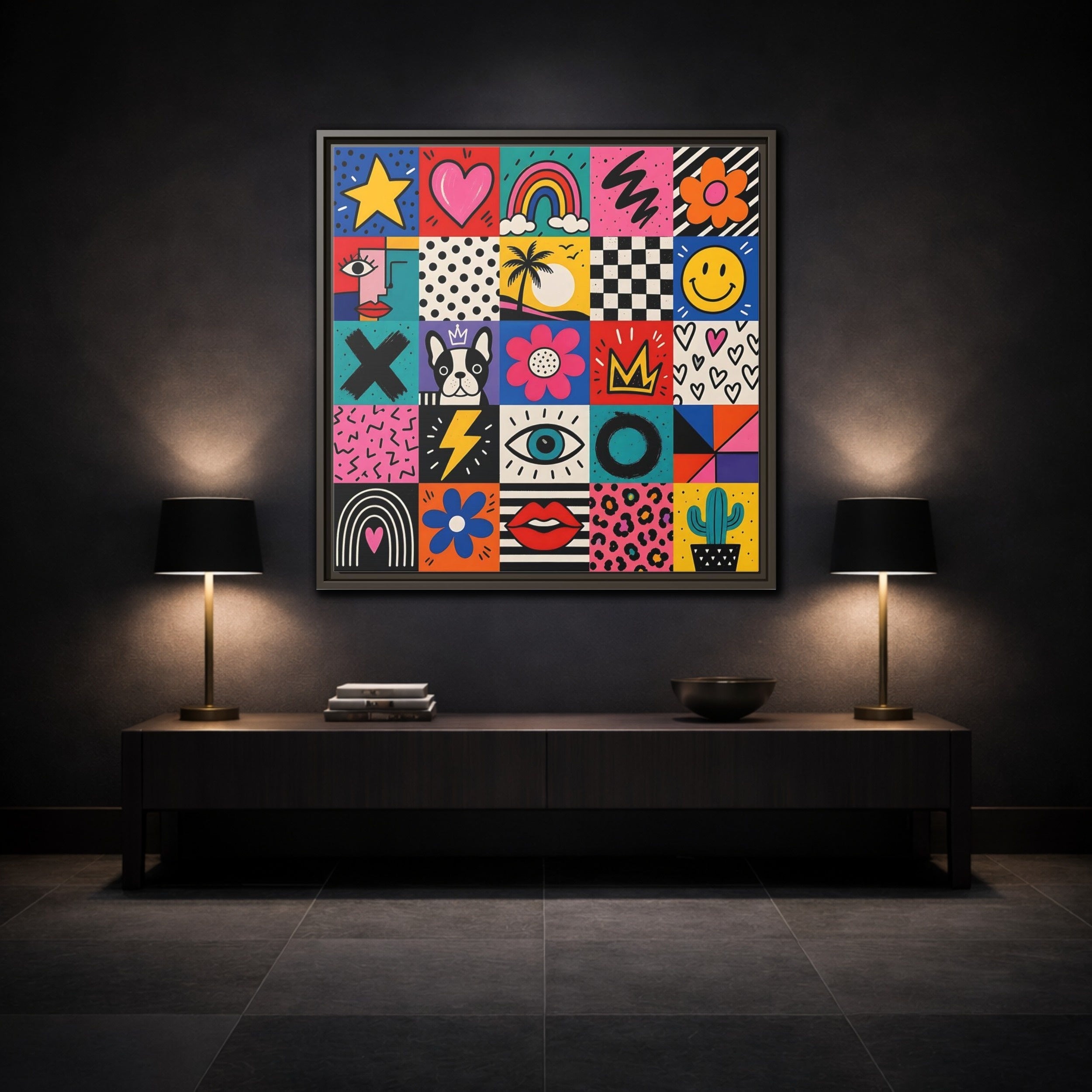 Mockup 3. Abstract Pop Art Symbols Multi-Color Pop Art shown as stretched canvas wall art
