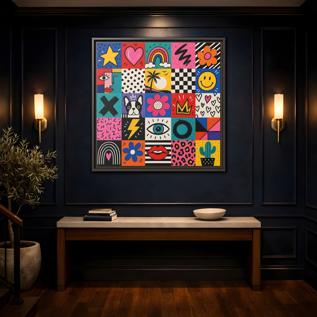 Mockup 4. Abstract Pop Art Symbols Multi-Color Pop Art shown as stretched canvas wall art