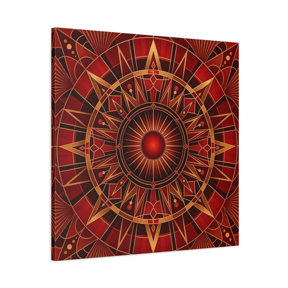 Main Mockup. Abstract Radial Pattern Red And Gold shown as stretched canvas wall art