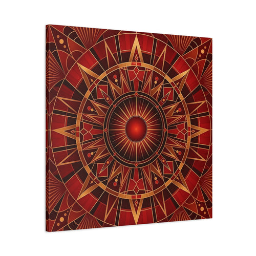 Main Mockup. Abstract Radial Pattern Red And Gold shown as stretched canvas wall art