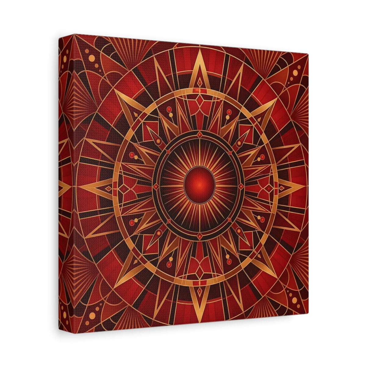Side Mockup 9. Abstract Radial Pattern Red And Gold shown as stretched canvas wall art