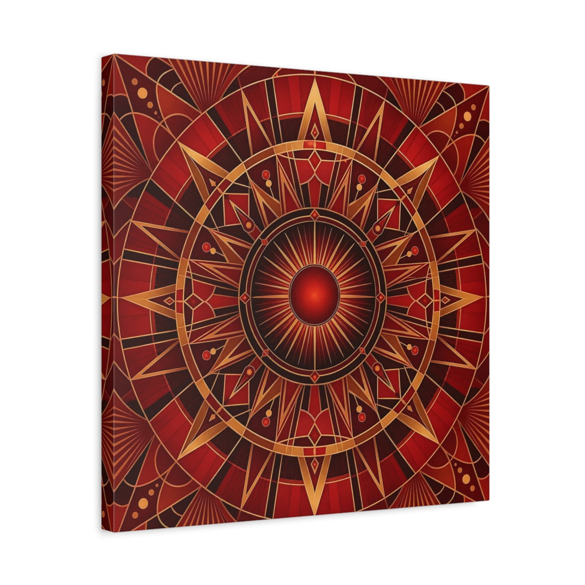 Side Mockup 5. Abstract Radial Pattern Red And Gold shown as stretched canvas wall art