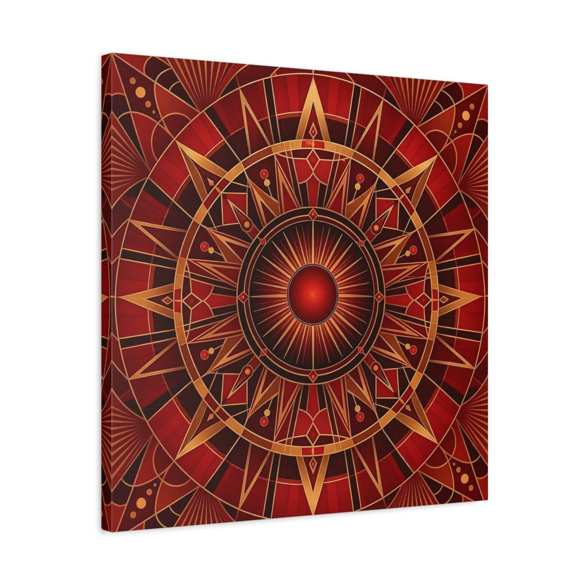 Side Mockup 4. Abstract Radial Pattern Red And Gold shown as stretched canvas wall art