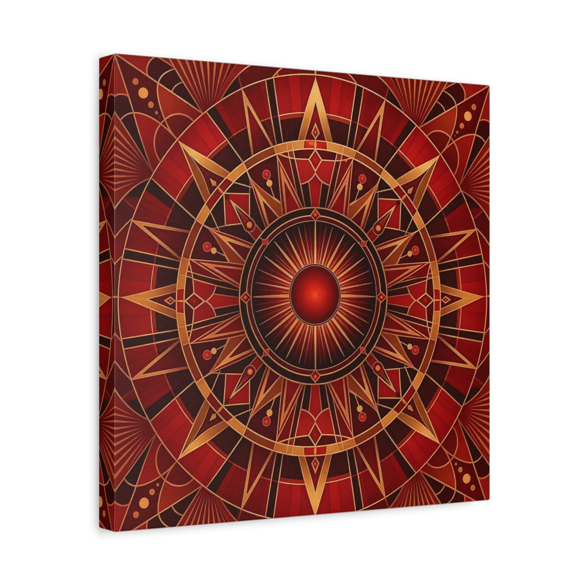Side Mockup 6. Abstract Radial Pattern Red And Gold shown as stretched canvas wall art