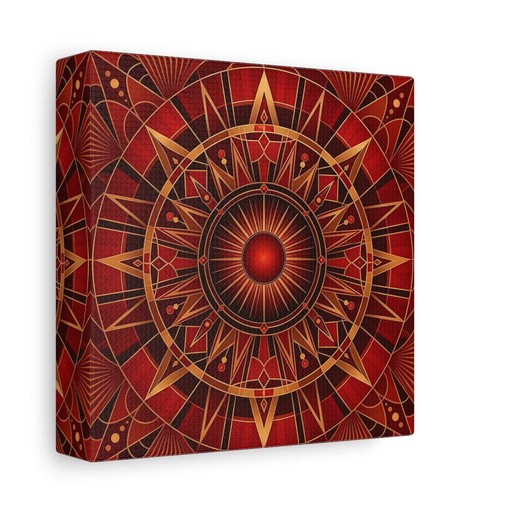 Side Mockup 2. Abstract Radial Pattern Red And Gold shown as stretched canvas wall art