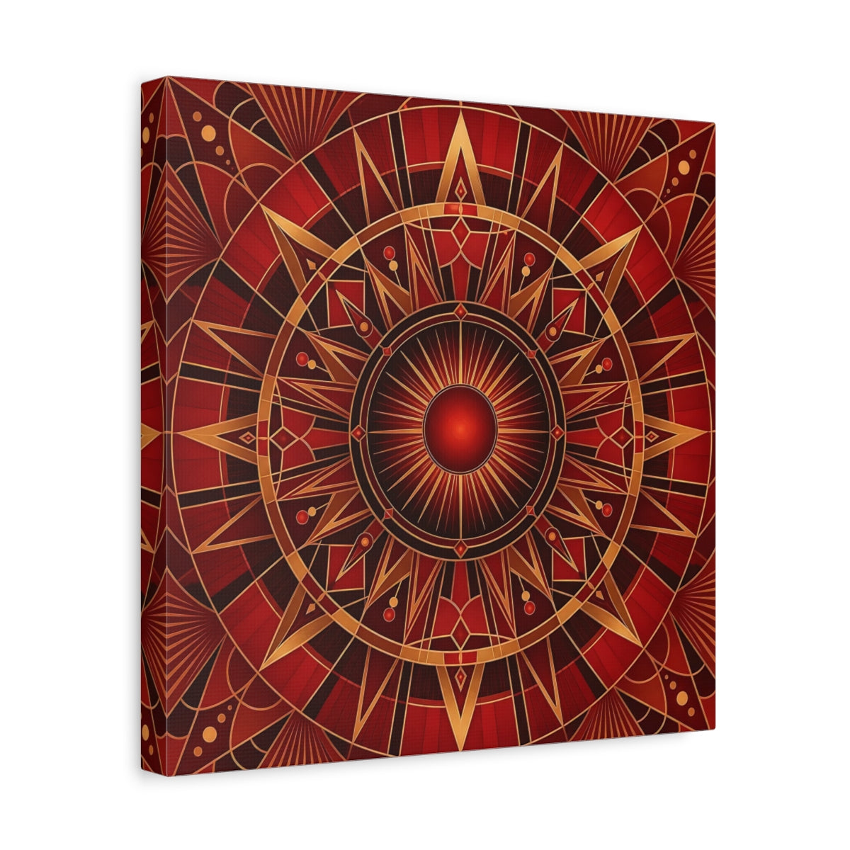Side Mockup 7. Abstract Radial Pattern Red And Gold shown as stretched canvas wall art
