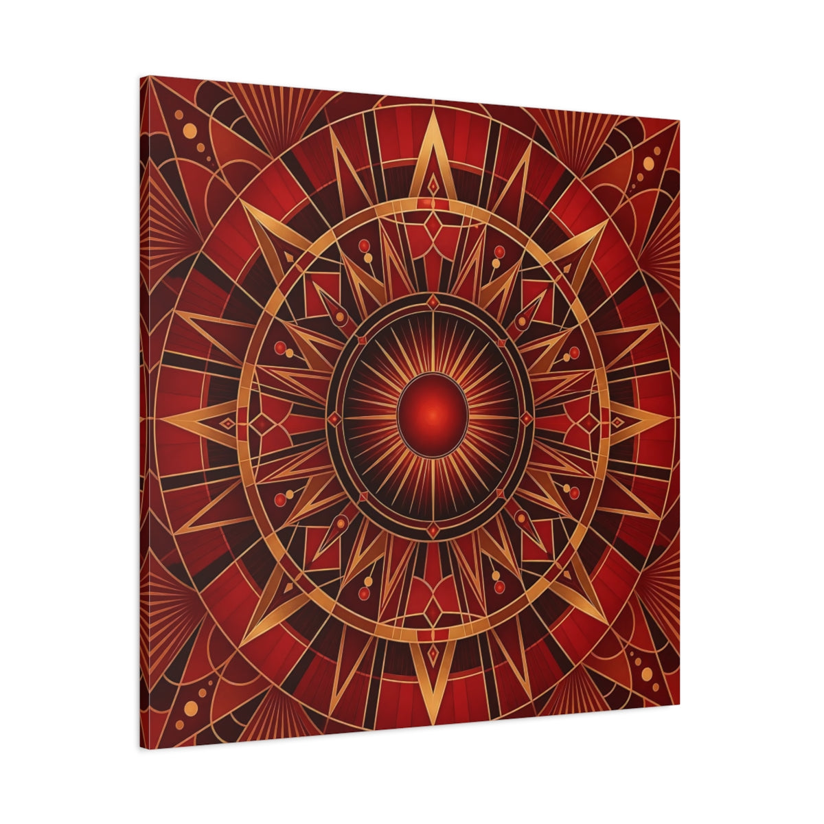 Side Mockup 1. Abstract Radial Pattern Red And Gold shown as stretched canvas wall art