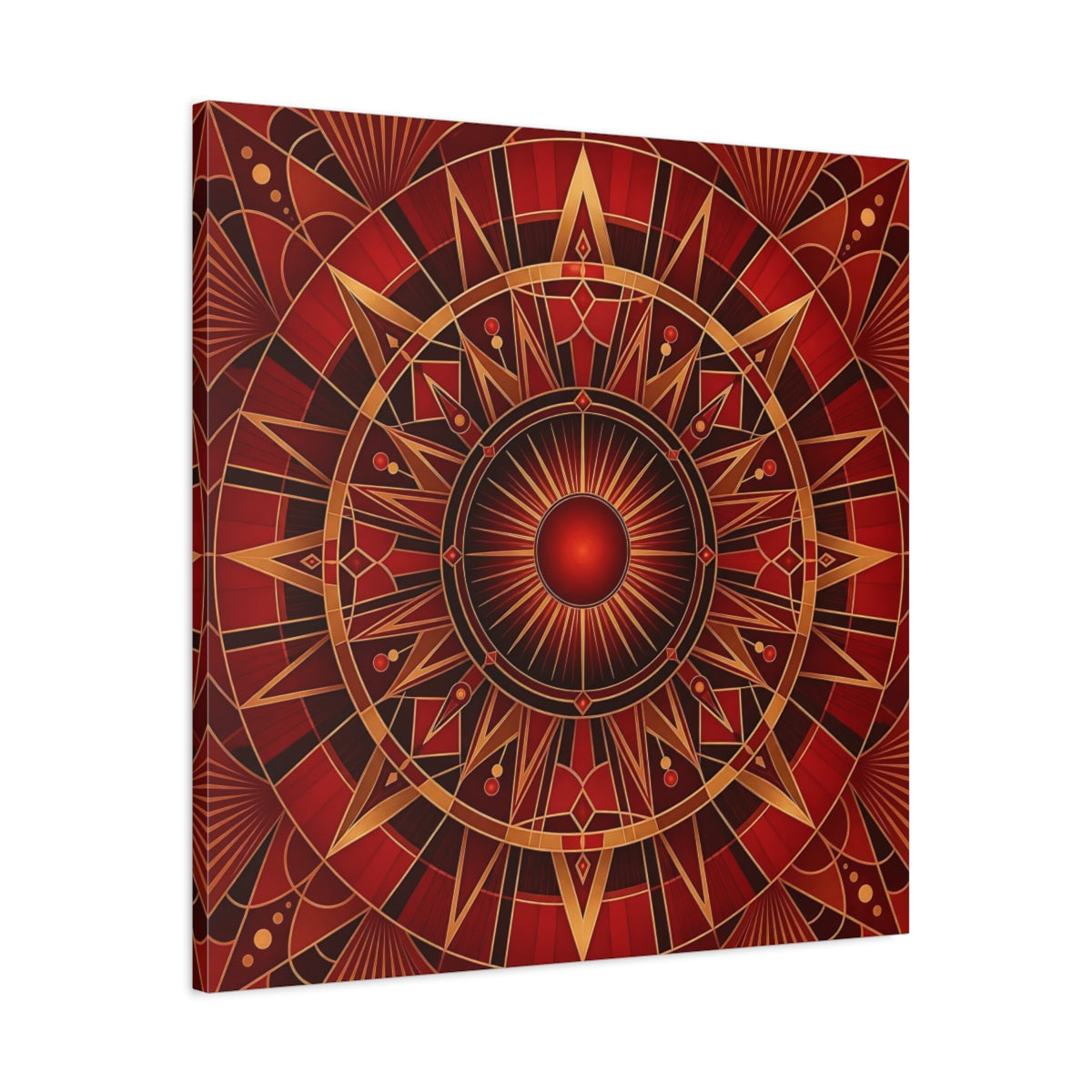 Side Mockup 3. Abstract Radial Pattern Red And Gold shown as stretched canvas wall art