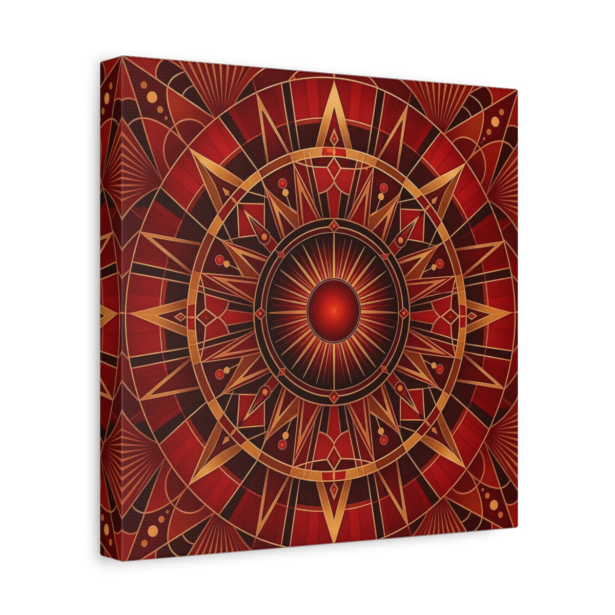 Side Mockup 8. Abstract Radial Pattern Red And Gold shown as stretched canvas wall art