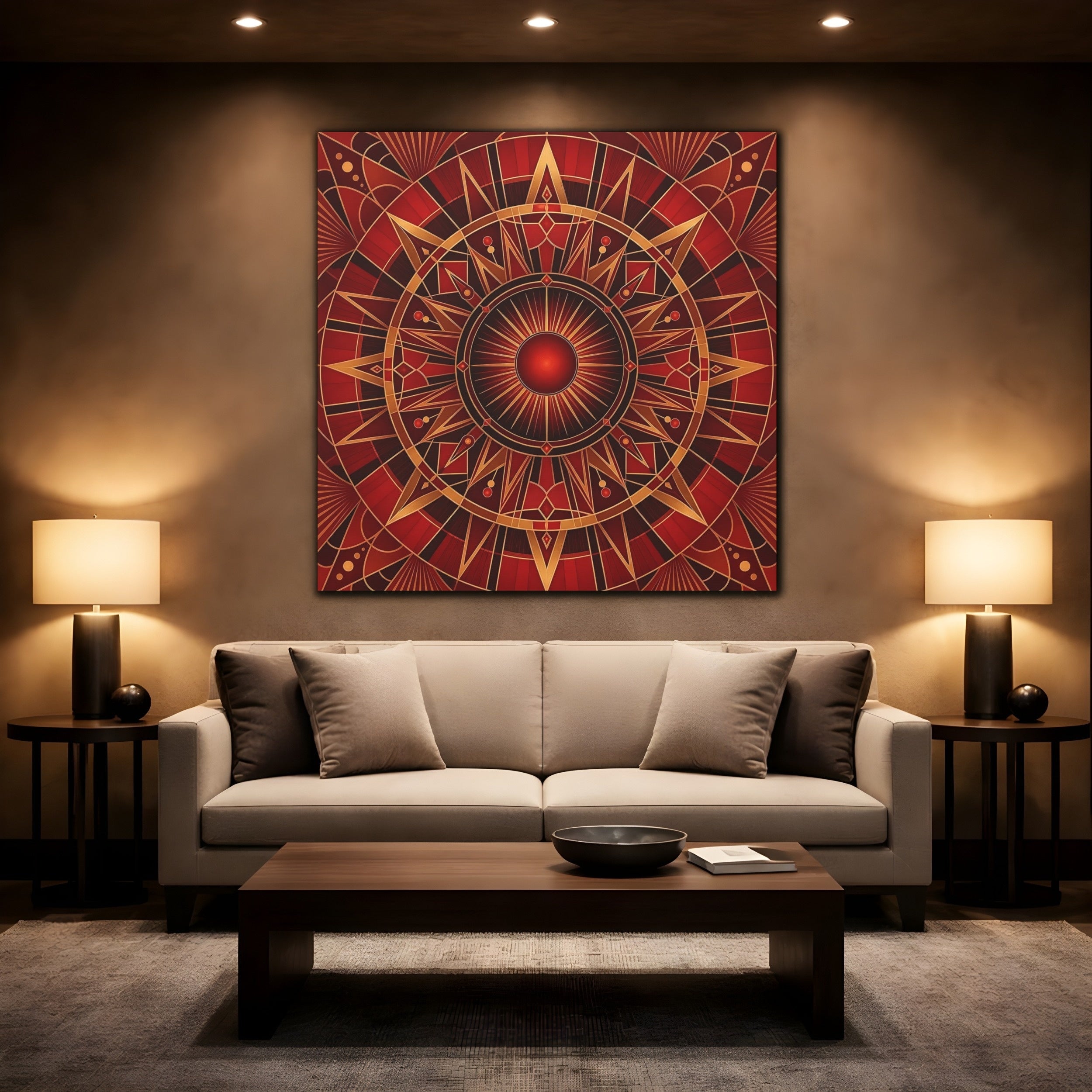 Mockup 2. Abstract Radial Pattern Red And Gold shown as stretched canvas wall art