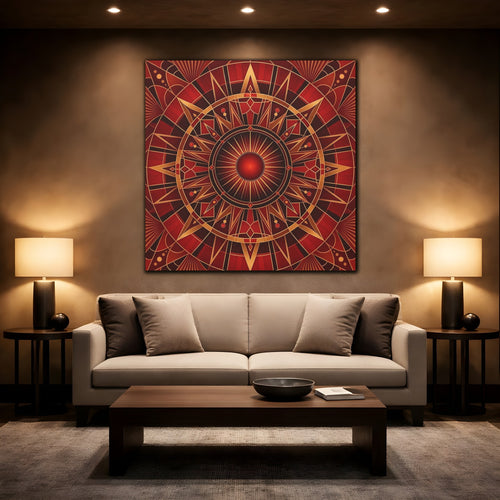 Mockup 2. Abstract Radial Pattern Red And Gold shown as stretched canvas wall art