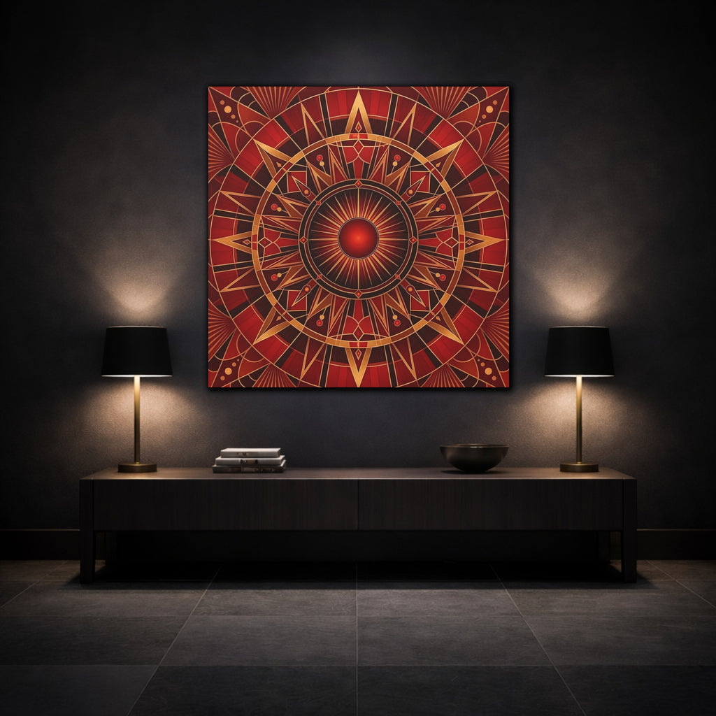 Mockup 3. Abstract Radial Pattern Red And Gold shown as stretched canvas wall art