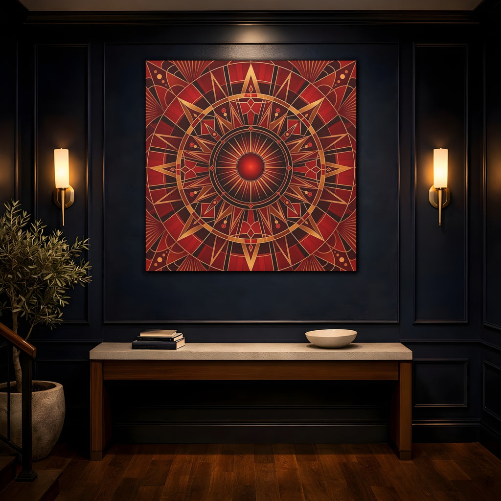 Mockup 4. Abstract Radial Pattern Red And Gold shown as stretched canvas wall art