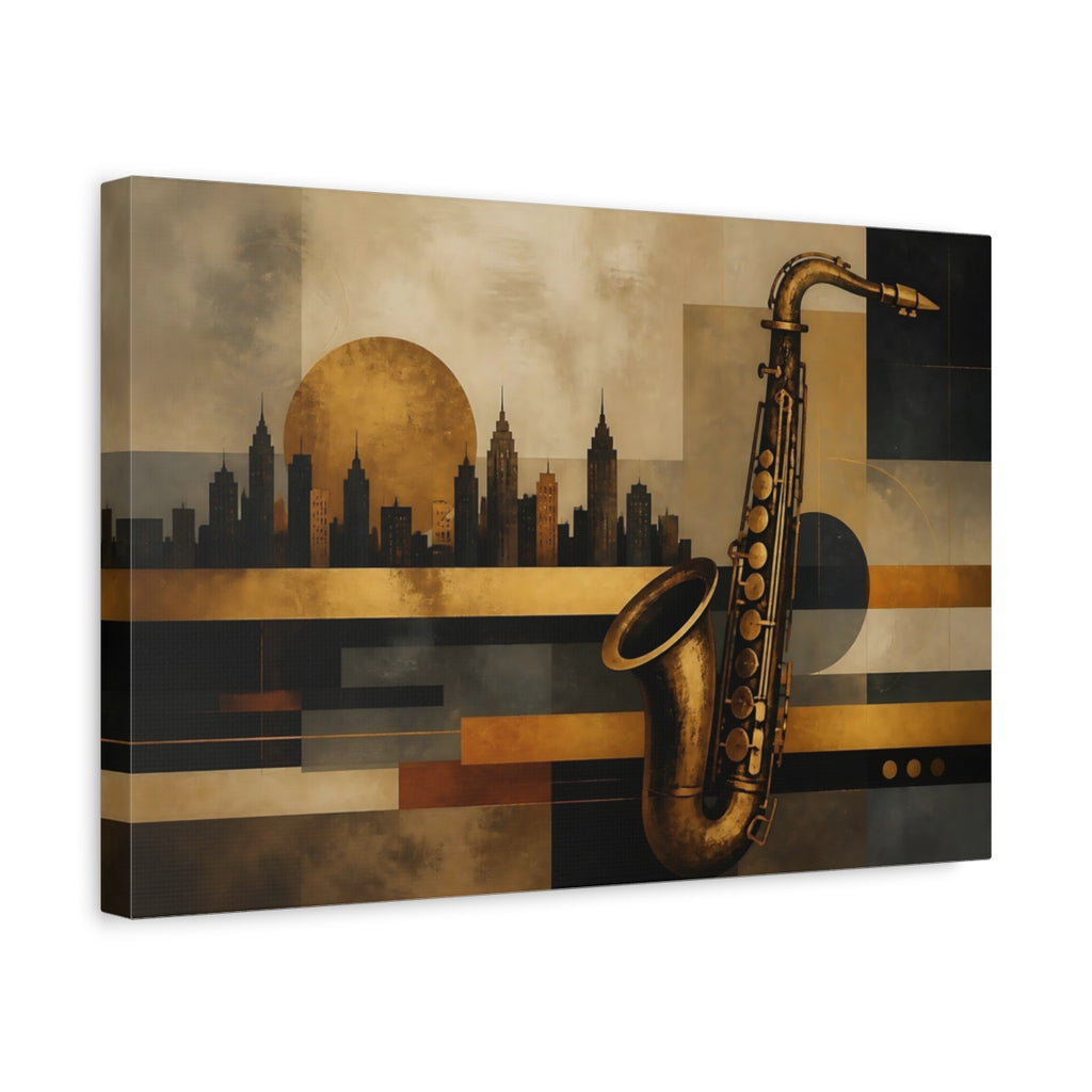 Side Mockup 4. Abstract Saxophone Gold And Black shown as stretched canvas wall art