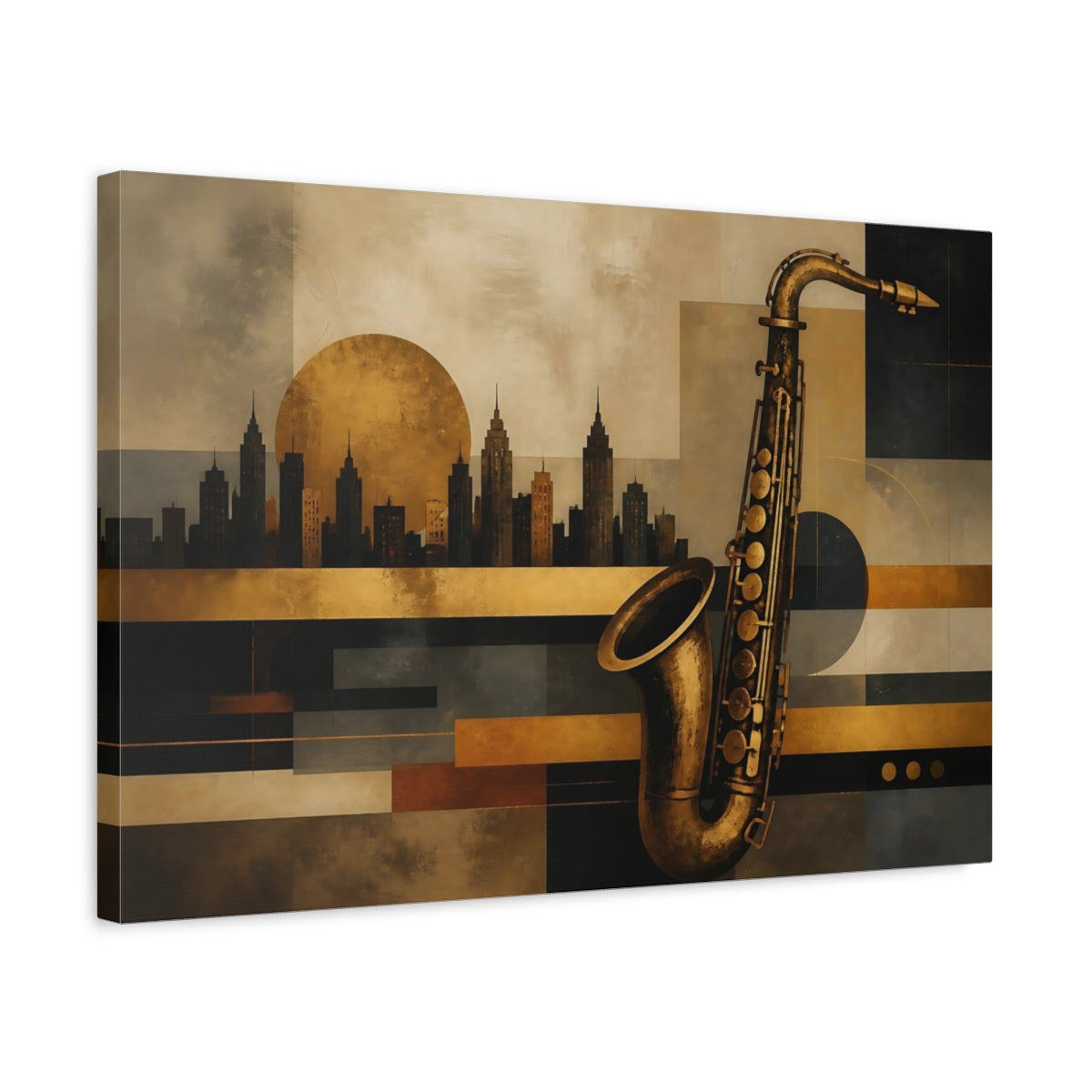 Side Mockup 3. Abstract Saxophone Gold And Black shown as stretched canvas wall art