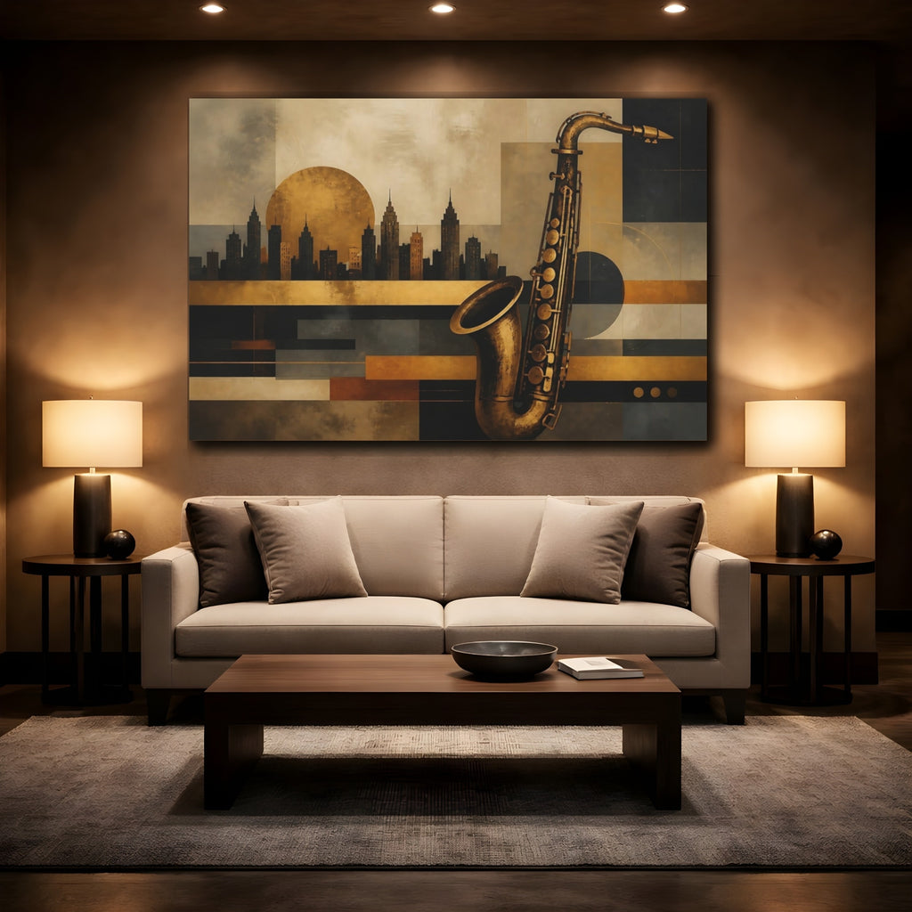 Mockup 2. Abstract Saxophone Gold And Black shown as stretched canvas wall art