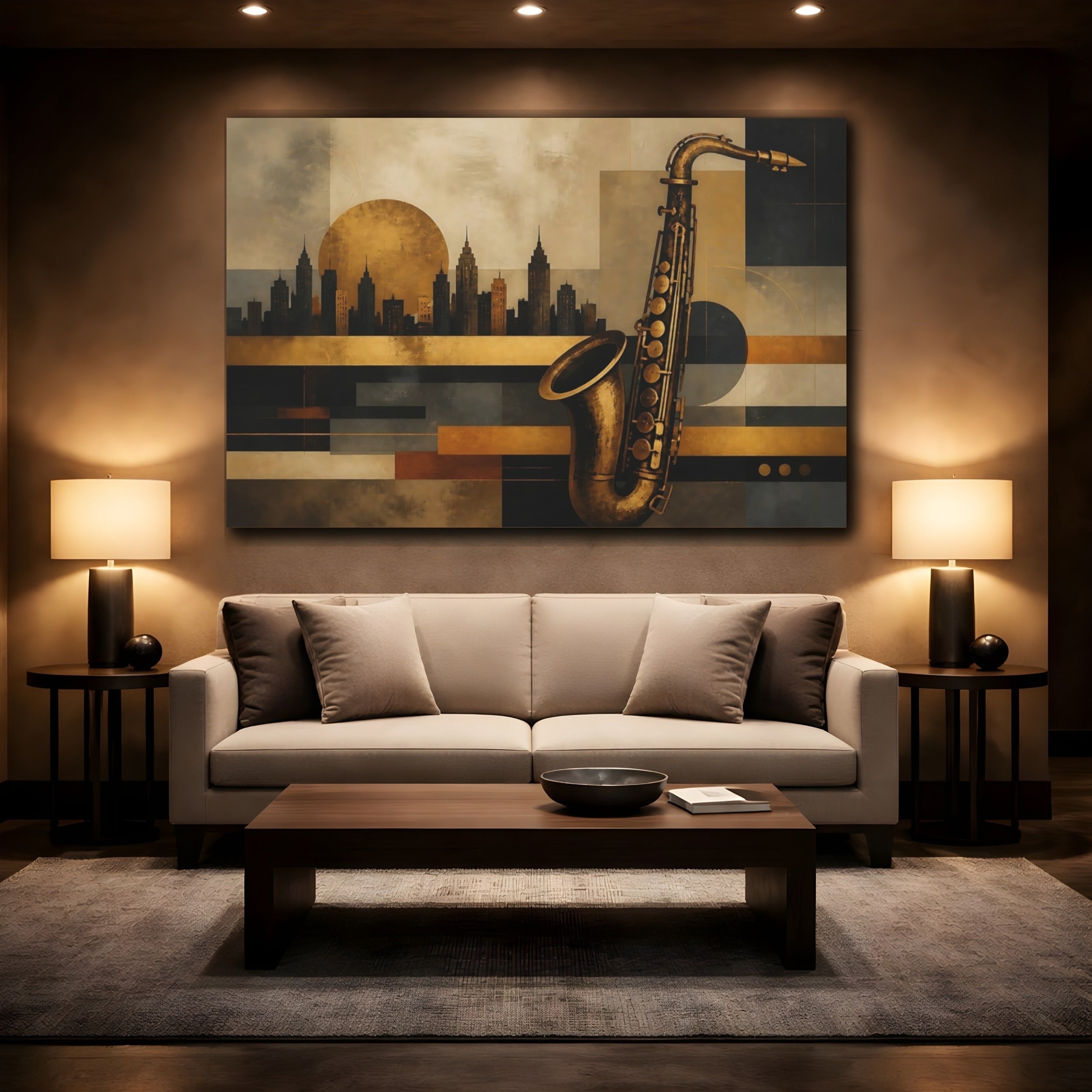 Mockup 2. Abstract Saxophone Gold And Black shown as stretched canvas wall art