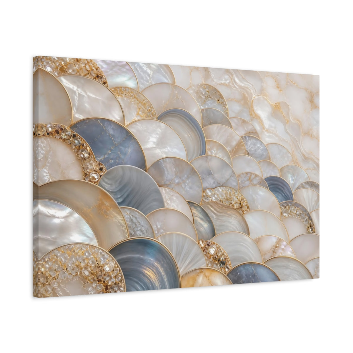 Side Mockup 2. Abstract Scallop Pattern Mother Of Pearl Gold shown as stretched canvas wall art
