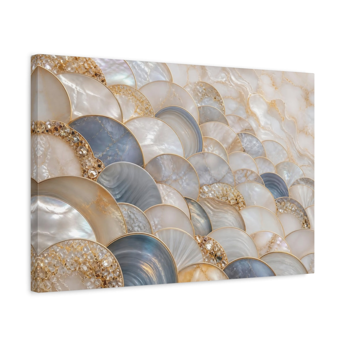 Side Mockup 3. Abstract Scallop Pattern Mother Of Pearl Gold shown as stretched canvas wall art