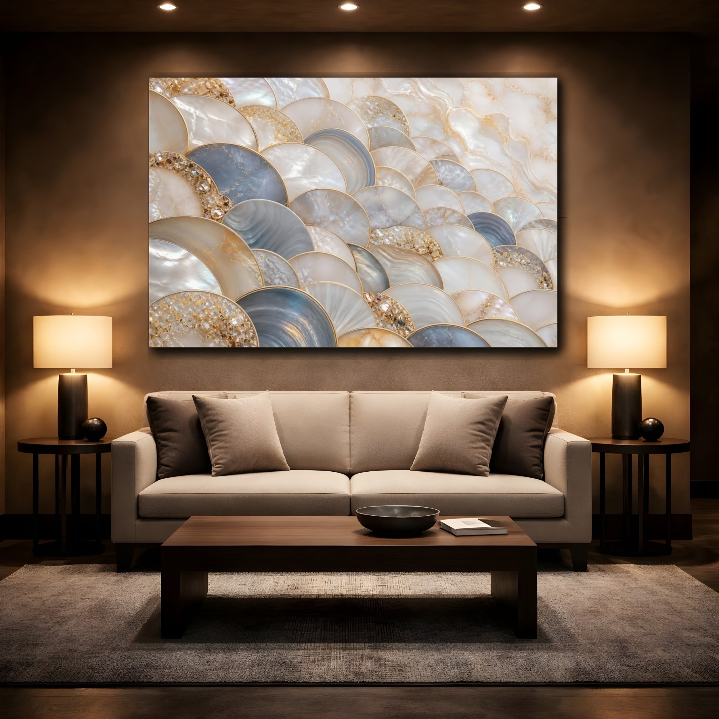 Mockup 2. Abstract Scallop Pattern Mother Of Pearl Gold shown as stretched canvas wall art
