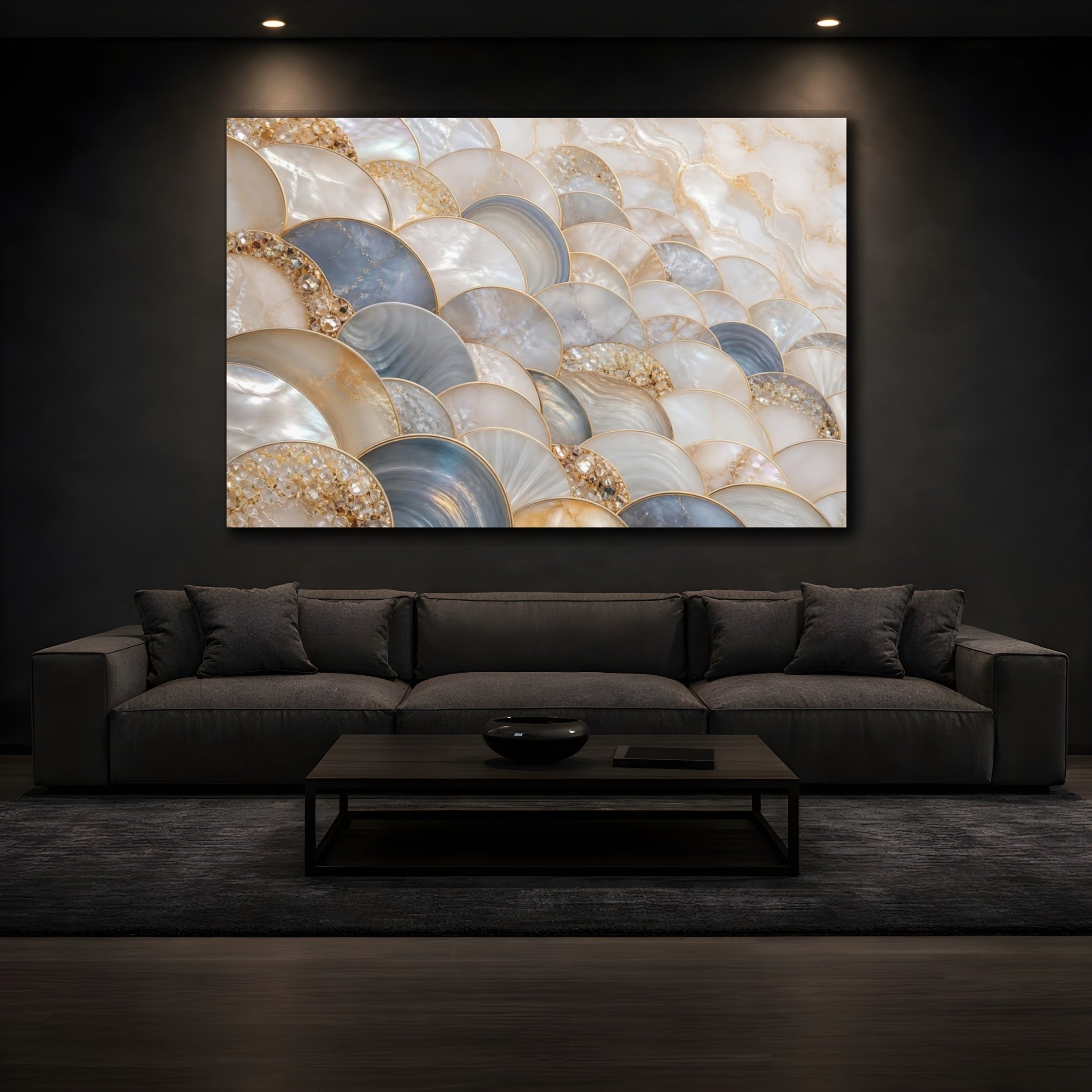 Mockup 3. Abstract Scallop Pattern Mother Of Pearl Gold shown as stretched canvas wall art
