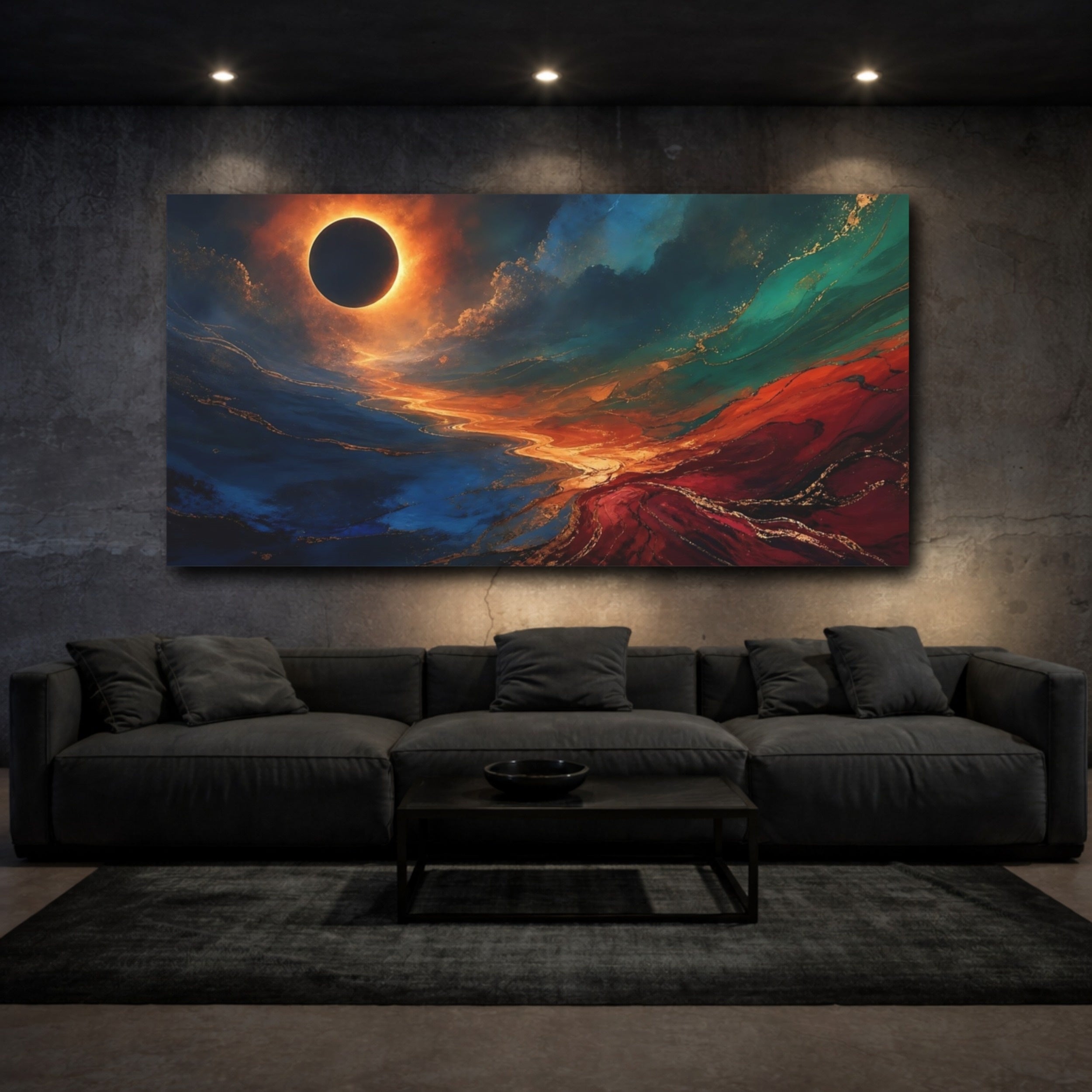 Mockup 3. Abstract Solar Eclipse Solar Eclipse Abstract shown as stretched canvas wall art