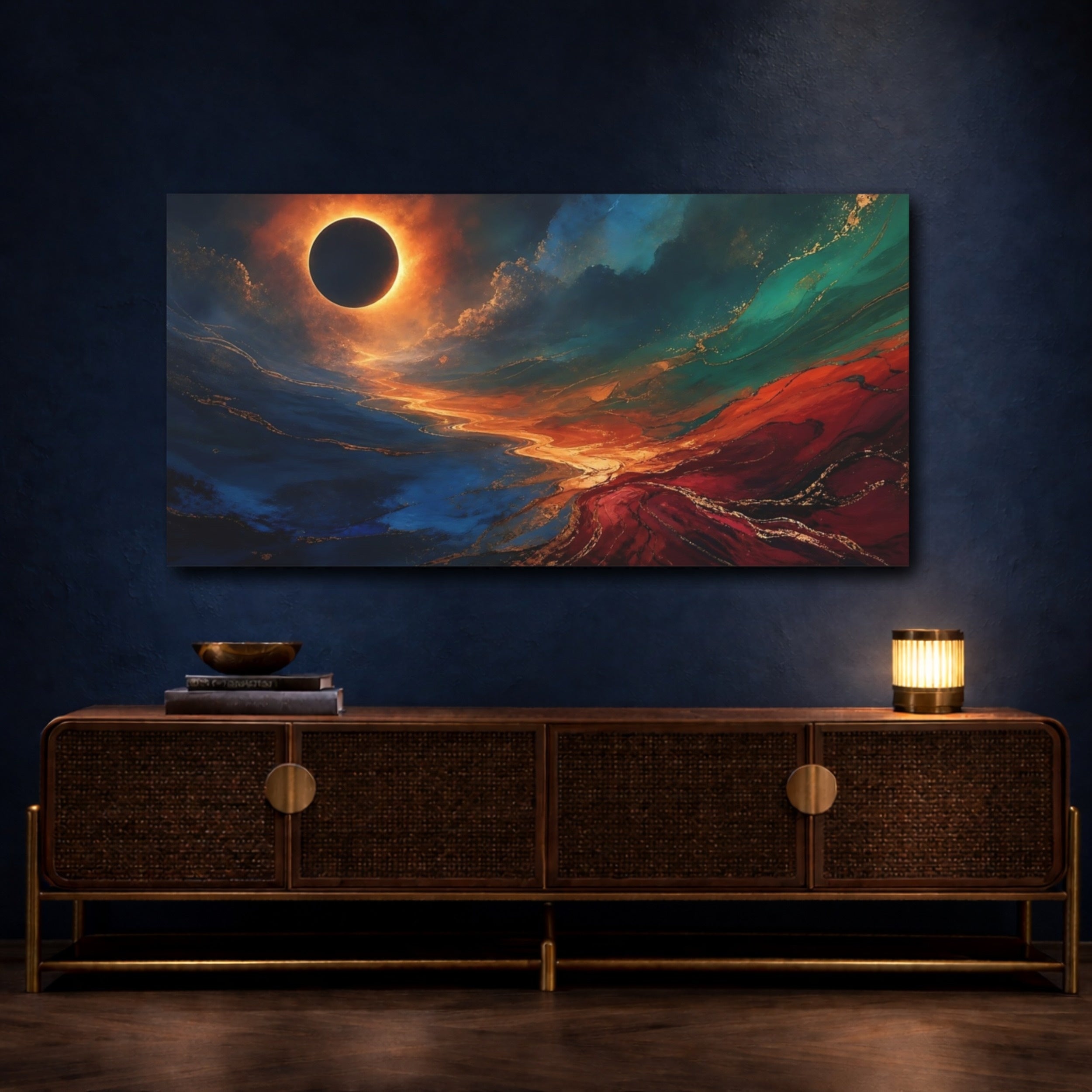 Mockup 4. Abstract Solar Eclipse Solar Eclipse Abstract shown as stretched canvas wall art