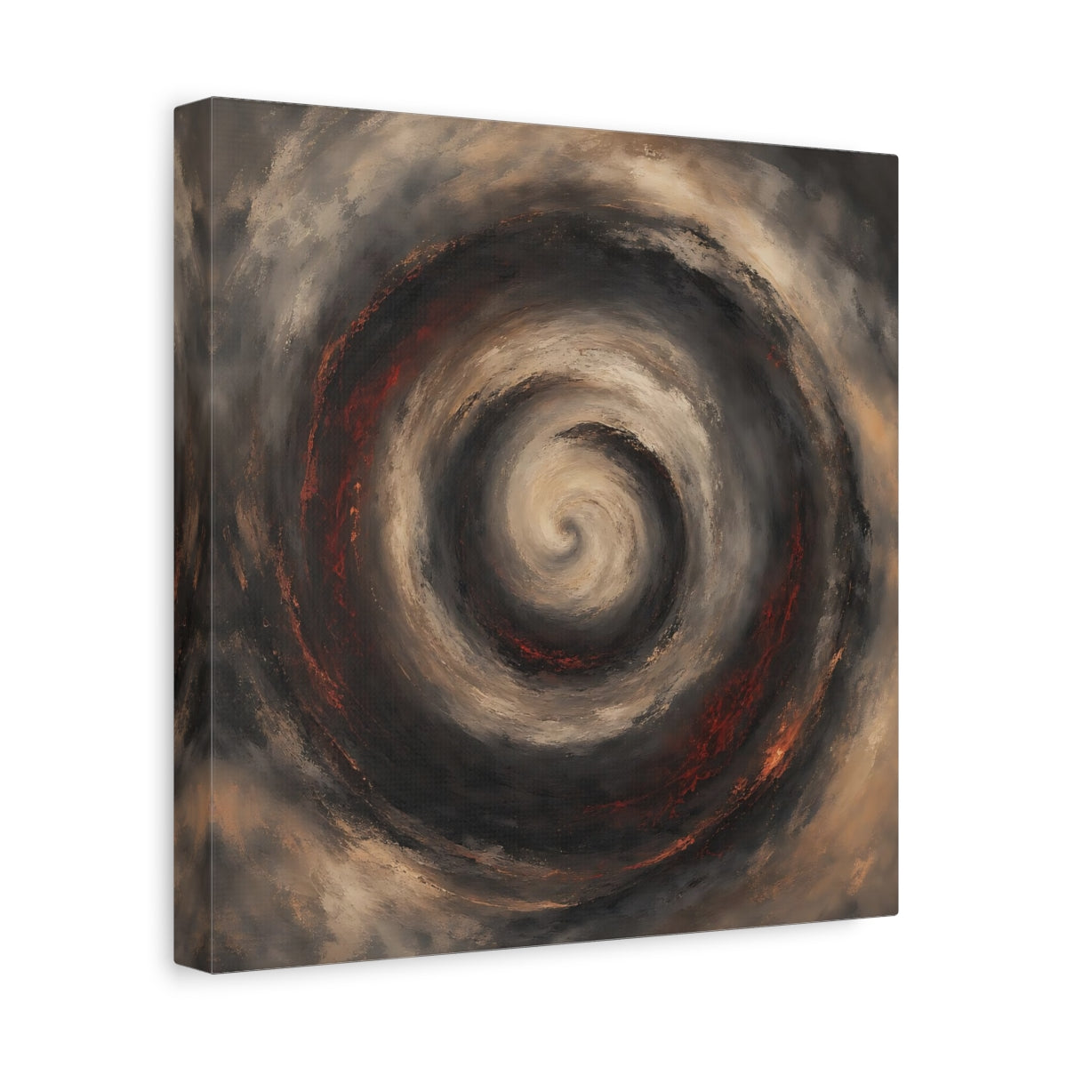 Side Mockup 8. Abstract Spiral Brown Red Swirl shown as stretched canvas wall art