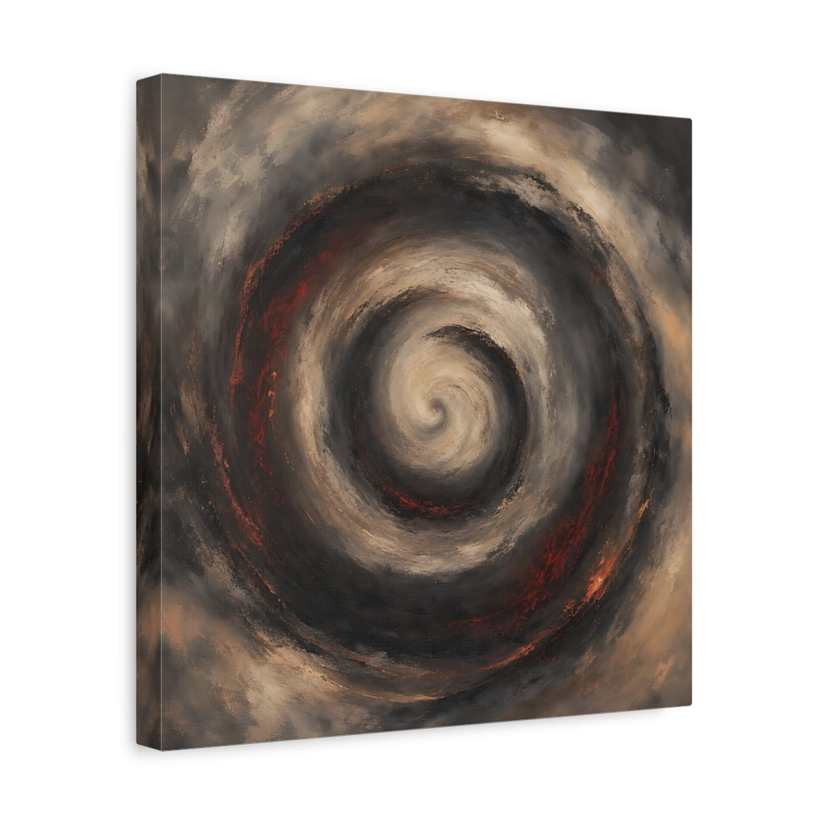 Side Mockup 7. Abstract Spiral Brown Red Swirl shown as stretched canvas wall art