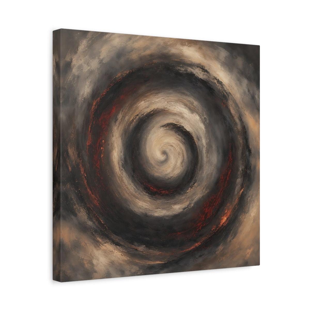Side Mockup 6. Abstract Spiral Brown Red Swirl shown as stretched canvas wall art