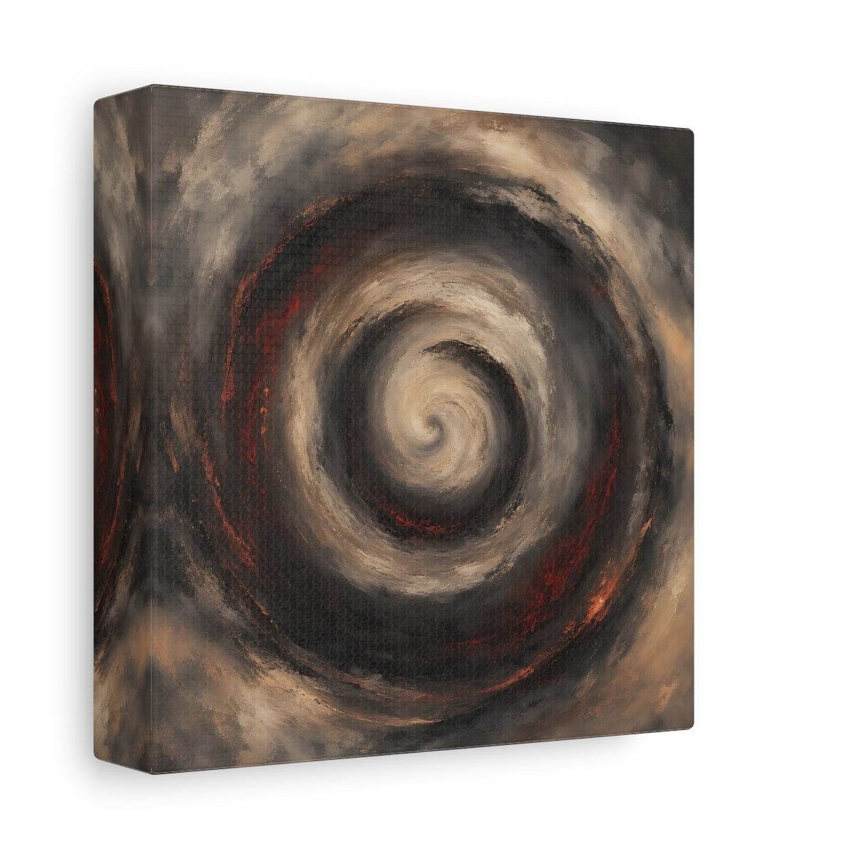 Side Mockup 2. Abstract Spiral Brown Red Swirl shown as stretched canvas wall art
