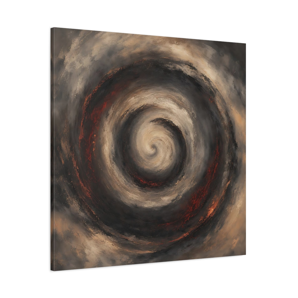 Side Mockup 1. Abstract Spiral Brown Red Swirl shown as stretched canvas wall art
