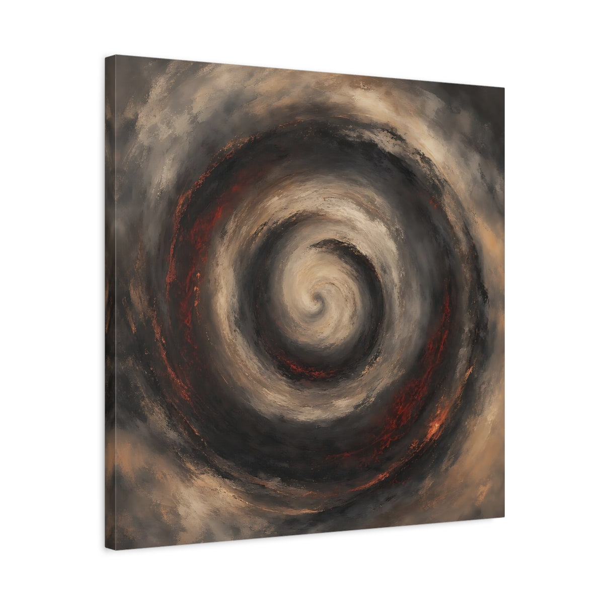 Side Mockup 4. Abstract Spiral Brown Red Swirl shown as stretched canvas wall art